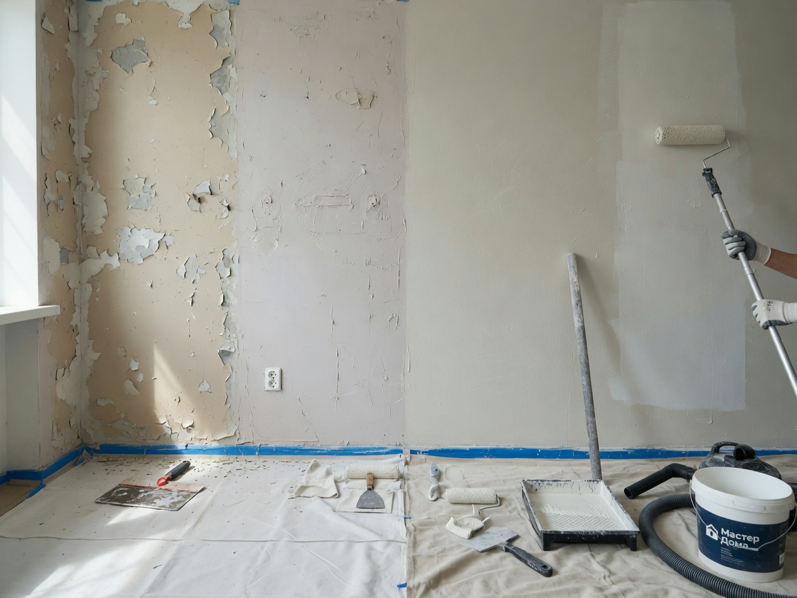 Max file size: 1.5mb! Photographic close-up scene of wall-prep in progress for Мастер Дома: